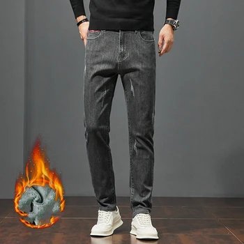 Мужские джинсы CUMUKKIYP Утолщенного серого цвета с добавлением Пуха для зимы, эластичные и облегающие, Мужские повседневные брюки-скинни