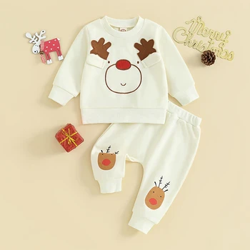 Комплект штанов для новорожденных с Мультяшным лосем, 2 шт., толстовка с круглым вырезом для маленьких мальчиков и девочек с длинными рукавами и спортивными штанами, рождественские наряды