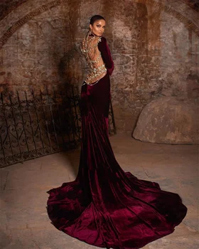 Темно-красные бархатные платья для выпускного вечера с высоким воротом и длинными рукавами Вечернее платье на заказ с бисером и разрезом по бокам блестящее вечернее платье