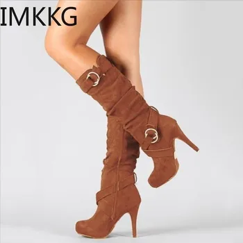 Размер 43 Женская зимняя обувь, женские сапоги до колена из флока, женские длинные сапоги на высоком каблуке с круглым носком и ремешком с пряжкой Buty Damskie