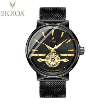 SKROX 40 мм мужские автоматические часы Tourbillon Skeleton Люксовый бренд Миланский ремешок из стали 316L Повседневные водонепроницаемые Механические часы