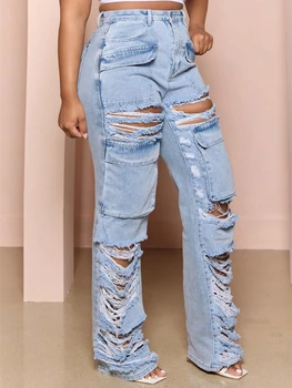 Модные рваные джинсовые брюки с вырезами для женщин, весенняя одежда, джинсы в стиле сафари с карманами спереди, уличная одежда, джинсовые брюки, брюки 1