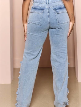 Модные рваные джинсовые брюки с вырезами для женщин, весенняя одежда, джинсы в стиле сафари с карманами спереди, уличная одежда, джинсовые брюки, брюки 2