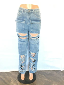 Модные рваные джинсовые брюки с вырезами для женщин, весенняя одежда, джинсы в стиле сафари с карманами спереди, уличная одежда, джинсовые брюки, брюки 3