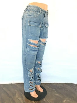 Модные рваные джинсовые брюки с вырезами для женщин, весенняя одежда, джинсы в стиле сафари с карманами спереди, уличная одежда, джинсовые брюки, брюки 4