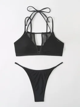 стринги бикини купальник черная сетка прозрачные комплекты бикини из двух частей сексуальная женщина maillots de bain femme пляжные наряды для женщин бикини 1