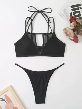 стринги бикини купальник черная сетка прозрачные комплекты бикини из двух частей сексуальная женщина maillots de bain femme пляжные наряды для женщин бикини 2