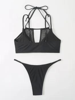стринги бикини купальник черная сетка прозрачные комплекты бикини из двух частей сексуальная женщина maillots de bain femme пляжные наряды для женщин бикини 3
