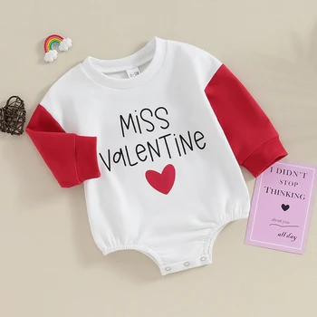 Детский Комбинезон на День Святого Валентина с буквенным принтом в виде сердца, круглый вырез, комбинезон с длинным рукавом, одежда для малышей