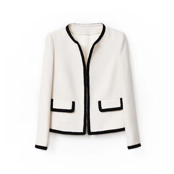 Элегантный стиль, белое пальто, твидовый жакет, новое весенне-осенне-зимнее шерстяное пальто, новая женская классическая шерстяная куртка 5