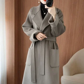 2023 Женское длинное свободное шерстяное утолщенное пальто из чистой шерсти, двусторонний кашемир, осень-зима, новое пальто в британском стиле 0
