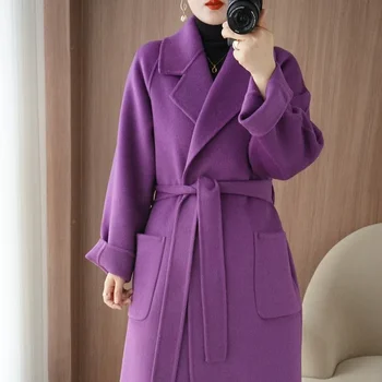 2023 Женское длинное свободное шерстяное утолщенное пальто из чистой шерсти, двусторонний кашемир, осень-зима, новое пальто в британском стиле 1