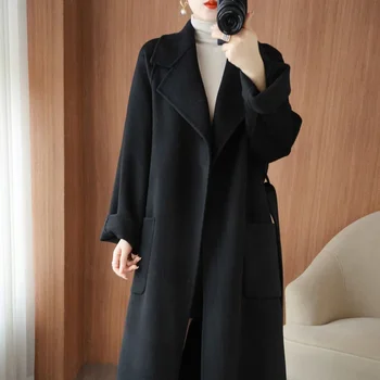 2023 Женское длинное свободное шерстяное утолщенное пальто из чистой шерсти, двусторонний кашемир, осень-зима, новое пальто в британском стиле 2