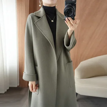 2023 Женское длинное свободное шерстяное утолщенное пальто из чистой шерсти, двусторонний кашемир, осень-зима, новое пальто в британском стиле 3