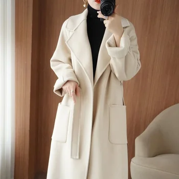 2023 Женское длинное свободное шерстяное утолщенное пальто из чистой шерсти, двусторонний кашемир, осень-зима, новое пальто в британском стиле 4