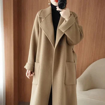 2023 Женское длинное свободное шерстяное утолщенное пальто из чистой шерсти, двусторонний кашемир, осень-зима, новое пальто в британском стиле 5