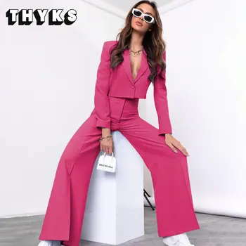 Новый комплект из двух предметов, женский однотонный блейзер с длинными рукавами и V-образным вырезом, комплект широких брюк с высокой талией, деловой офисный женский костюм