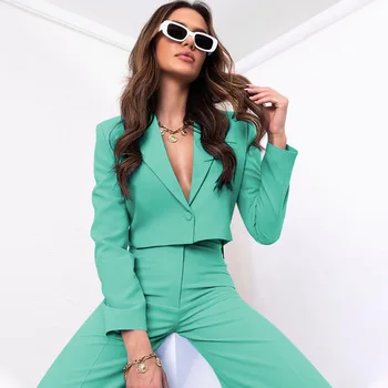 Новый комплект из двух предметов, женский однотонный блейзер с длинными рукавами и V-образным вырезом, комплект широких брюк с высокой талией, деловой офисный женский костюм 1