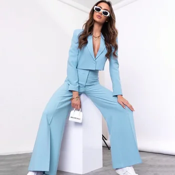 Новый комплект из двух предметов, женский однотонный блейзер с длинными рукавами и V-образным вырезом, комплект широких брюк с высокой талией, деловой офисный женский костюм 4