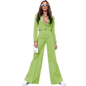 Новый комплект из двух предметов, женский однотонный блейзер с длинными рукавами и V-образным вырезом, комплект широких брюк с высокой талией, деловой офисный женский костюм 5