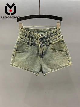 Джинсовые шорты LUXE & ENVY в стиле ретро для женщин, летние новинки 2023, двухслойные утягивающие брюки с высокой талией, трендовые брюки для девочек трапециевидной формы 0