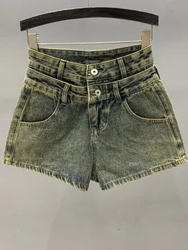 Джинсовые шорты LUXE & ENVY в стиле ретро для женщин, летние новинки 2023, двухслойные утягивающие брюки с высокой талией, трендовые брюки для девочек трапециевидной формы 1