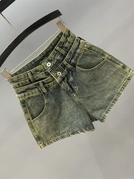 Джинсовые шорты LUXE & ENVY в стиле ретро для женщин, летние новинки 2023, двухслойные утягивающие брюки с высокой талией, трендовые брюки для девочек трапециевидной формы 2