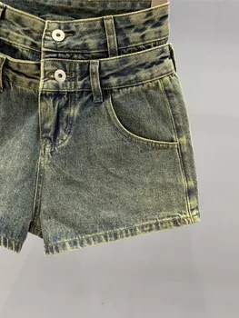 Джинсовые шорты LUXE & ENVY в стиле ретро для женщин, летние новинки 2023, двухслойные утягивающие брюки с высокой талией, трендовые брюки для девочек трапециевидной формы 5