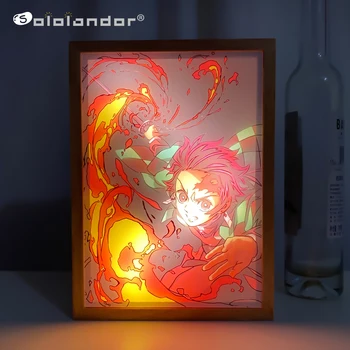 Аниме Световая Фоторамка Demon Slayer для Украшения Дома Манга Деревянный Стол Настольная Лампа Anime Light FrameTanjiro Painting Design
