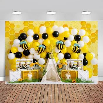 Фон для фотосъемки Подсолнух Пчела Банка меда Девушка День рождения Торт Разбить Фон для фотостудии для душа новорожденного