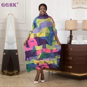 GGHK Miyake Бриллиантовое Плиссированное Платье С Градиентным Цветным Принтом 2023, Новая Беспорядочная Плиссированная Темпераментная Свободная Юбка Большого Размера Длиной до колен 0