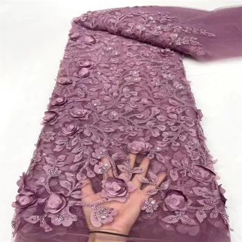 2024 Розовая новейшая африканская кружевная ткань с 3D цветами, Дубайская кружевная ткань из тюля с пайетками, вышитая аппликация, нигерийская ткань для шитья 0
