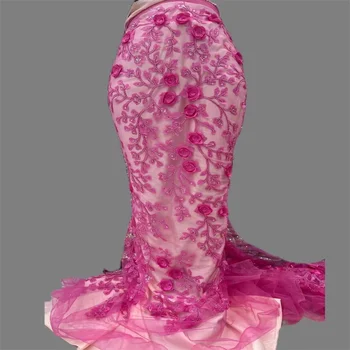 2024 Розовая новейшая африканская кружевная ткань с 3D цветами, Дубайская кружевная ткань из тюля с пайетками, вышитая аппликация, нигерийская ткань для шитья 3