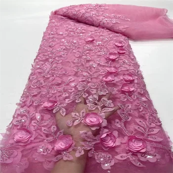 2024 Розовая новейшая африканская кружевная ткань с 3D цветами, Дубайская кружевная ткань из тюля с пайетками, вышитая аппликация, нигерийская ткань для шитья 5