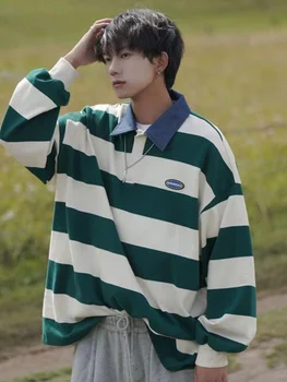 Толстовка с отворотом в японскую полоску, мужская осенняя футболка Cityboy Oversize Color Clash, рубашка с отложным воротником, опрятные топы с длинными рукавами