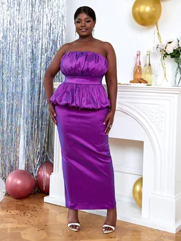 Блестящий женский топ-труба, Фиолетовое Длинное Вечернее платье, сексуальное платье без бретелек, Складки, Оборки, Облегающее платье с разрезом, Африканские женские Коктейльные платья для выпускного вечера 0