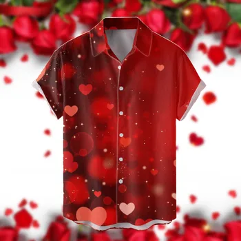 Весенне-летние однобортные рубашки для мужчин на День Святого Валентина, повседневные пуговицы с лацканами и полной печатью в винтажном европейско-американском стиле