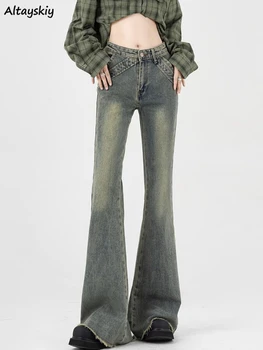 Расклешенные джинсы, женские винтажные джинсы с низкой талией, сексуальные девушки в американском стиле, отбеленная мода, подтягивающая ягодицы, уличная одежда в полный рост, шикарная индивидуальность