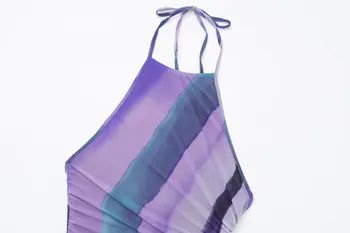 TRAF 2023, Новая летняя женская Сексуальная картина тушью, полосатый принт, Сетчатое платье Миди без рукавов, женское шикарное платье с открытой спиной 2