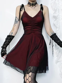 Коктейльные платья InsGoth в готическом стиле с рюшами, женские винтажные мини-платья на бретельках без рукавов с V-образным вырезом, облегающие платья на бретельках 2
