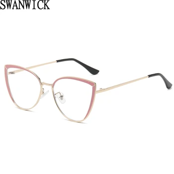 Swanwick модные очки анти-голубой свет из нержавеющей стали кошачий глаз оправы для очков для женщин оптические сине-коричневые украшения женские