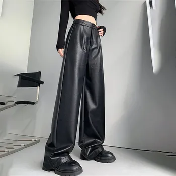 Весна-осень 2024, свободные эластичные брюки с широкими штанинами с высокой талией, женские прямые черные брюки из искусственной кожи, модные классические панталоны