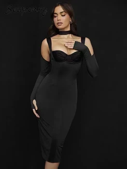 Высококачественное сексуальное открытое черное платье с высоким воротом и длинными рукавами, бандаж 2023, элегантное вечернее платье знаменитости