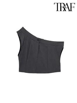 TRAF 2023 Женские асимметричные короткие жилеты с пуговицами, модные повседневные элегантные тонкие топы без рукавов с открытой спиной