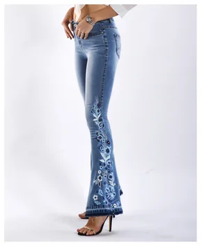 TEELYNN Винтажные Расклешенные Джинсы с Вышивкой для Женщин, Повседневные Синие Джинсовые Брюки С Высокой Талией, Boho Slim Lady Jeans, Лето 2023