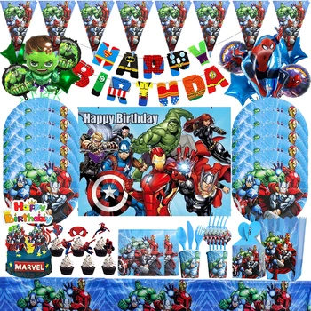 Украшение вечеринки по случаю дня рождения Мстителей, Посуда супергероев, Бумажные стаканчики, тарелки, Салфетки, Воздушные шары, фон для детского душа, дети