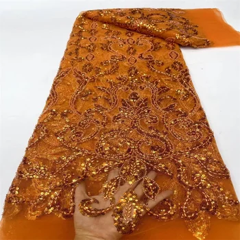 Роскошная Нигерийская кружевная ткань ручной работы с бисером Оранжевого цвета, высококачественная вышивка бисером, Африканская Французская кружевная ткань для платья 0