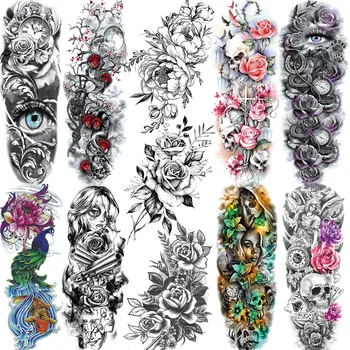 Рукав для временных татуировок с сексуальным цветком для женщин и девочек прикрывает татуировки большого размера Реалистичный рисунок черепа розы на всю руку 0