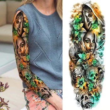 Рукав для временных татуировок с сексуальным цветком для женщин и девочек прикрывает татуировки большого размера Реалистичный рисунок черепа розы на всю руку 1