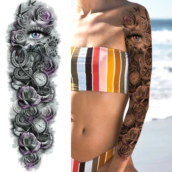 Рукав для временных татуировок с сексуальным цветком для женщин и девочек прикрывает татуировки большого размера Реалистичный рисунок черепа розы на всю руку 3